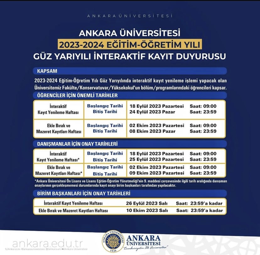 Ankara Üniversitesi 2023-2024 Eğitim-Öğretim Yılı Güz Yarılı İnteraktif Kayıt Duyurusu