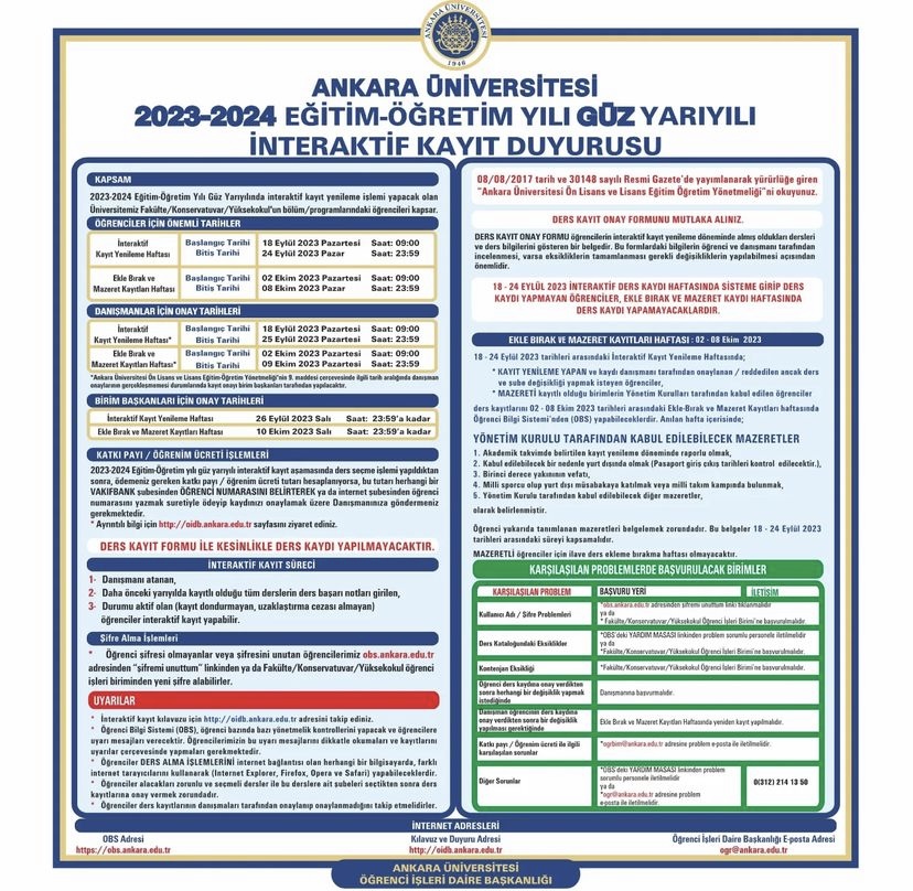 Ankara Üniversitesi 2023-2024 Eğitim-Öğretim Yılı Güz Yarılı İnteraktif Kayıt Duyurusu